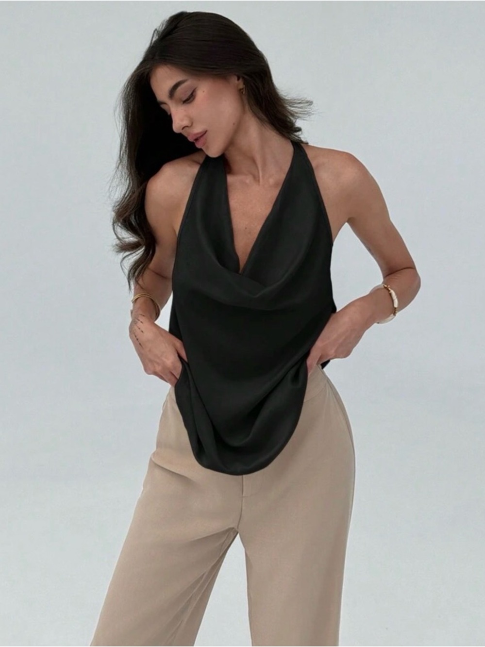 Sleek Black Draped Halter Top
